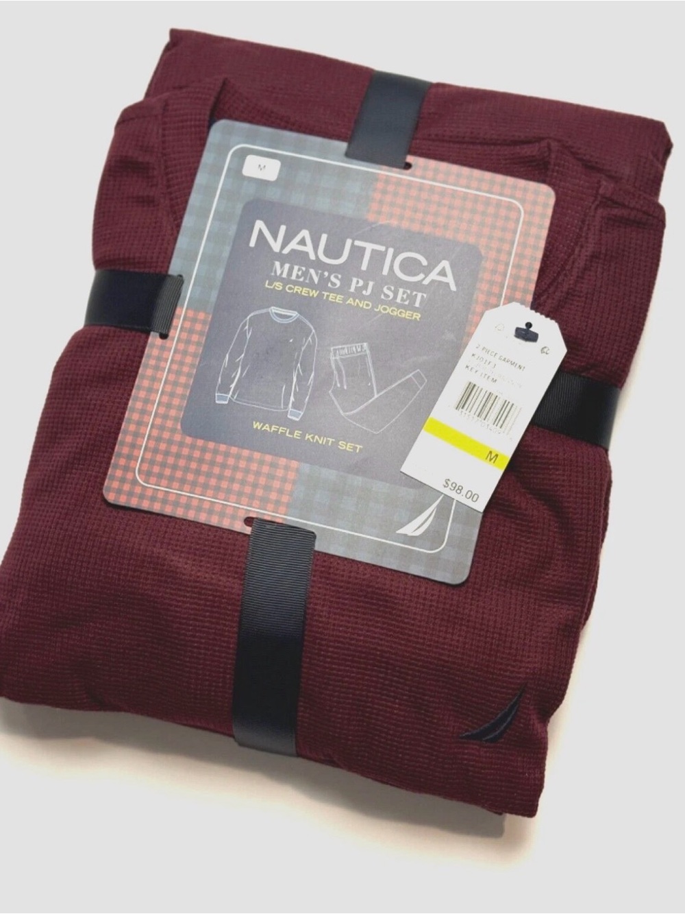 Nautica Waffle Knit Men's Pajama Set 2 Pc Long Sleeve Tee & Jogger MED Burgundy